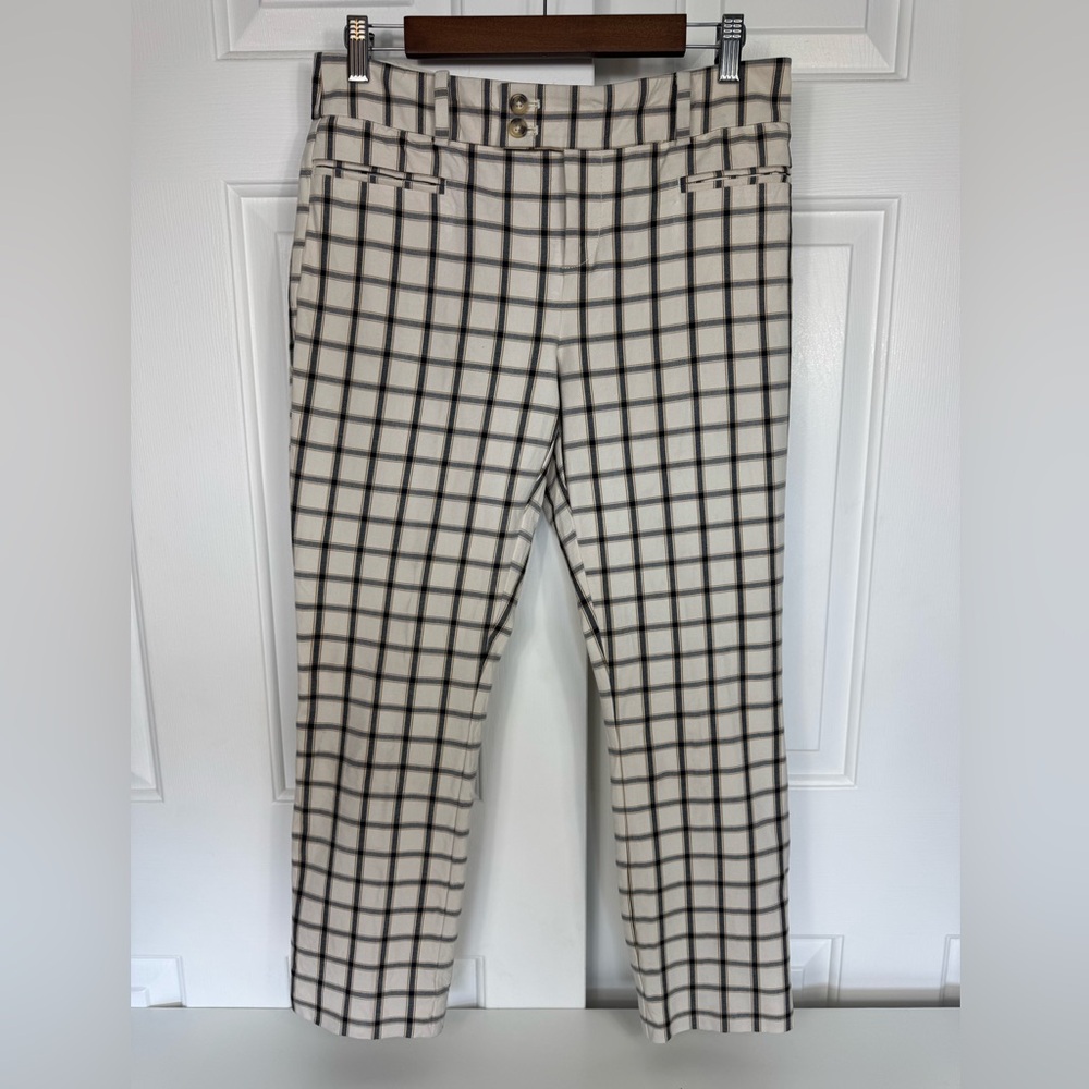 Anthropologie Pants‎ Women's 8 Cream And Navy Plaid Essential Slim Crop Trousers